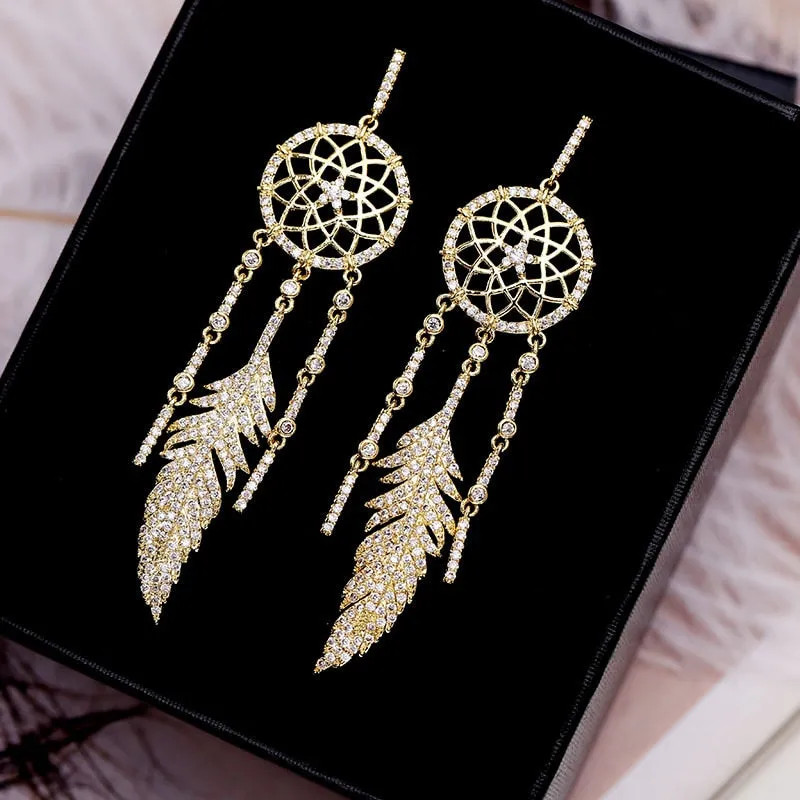 Cubic Zirconia Vintage Tassel Earrings Feather Earrings Women's Dream Catcher Earrings Fashion Party Jewelry LYE052