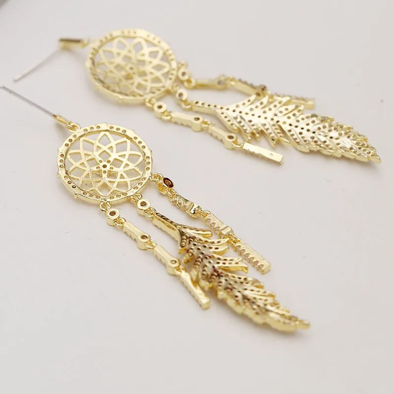 Cubic Zirconia Vintage Tassel Earrings Feather Earrings Women's Dream Catcher Earrings Fashion Party Jewelry LYE052