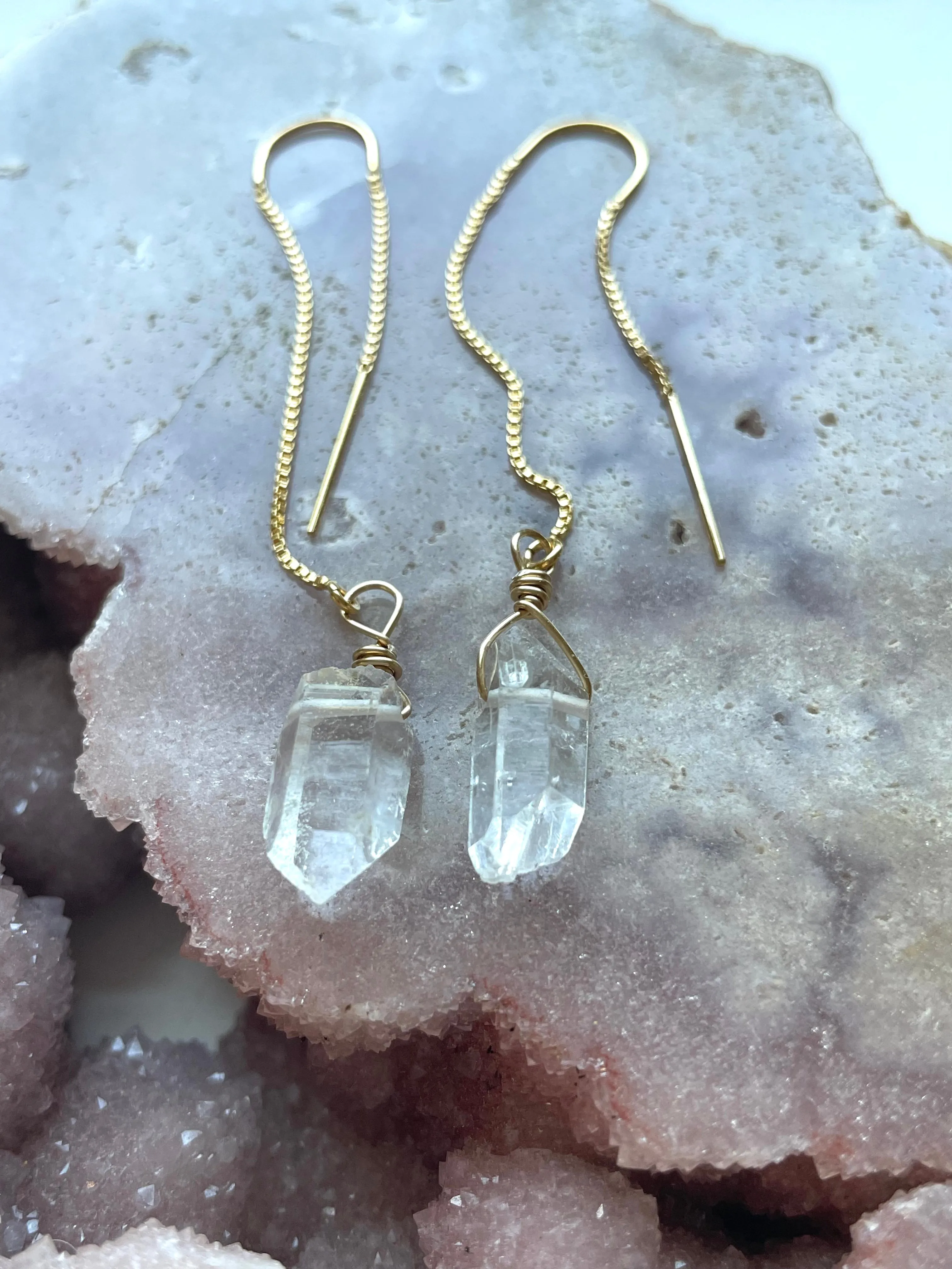 Dangle Raw Crystal Quartz Threader Earrings Gold Filled or Sterling Silver