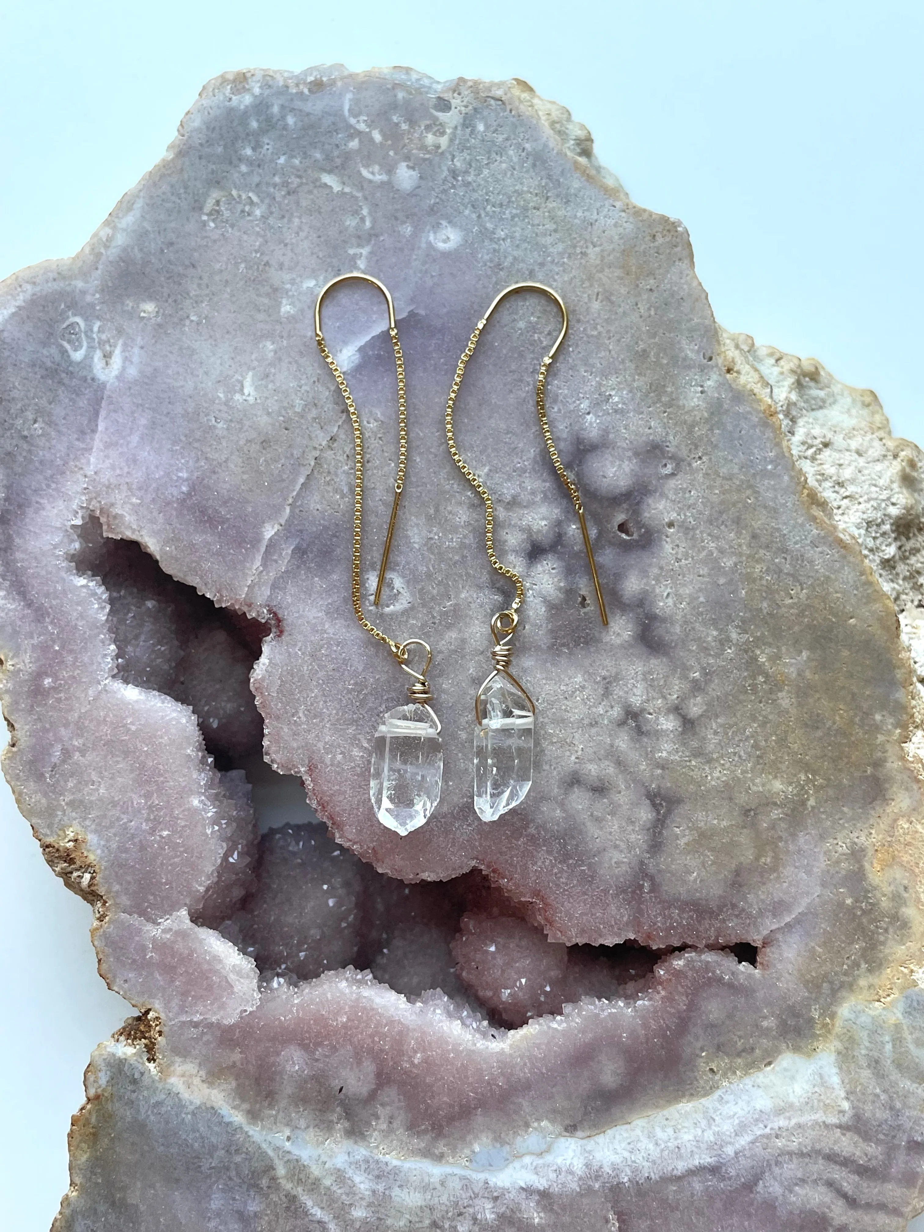 Dangle Raw Crystal Quartz Threader Earrings Gold Filled or Sterling Silver