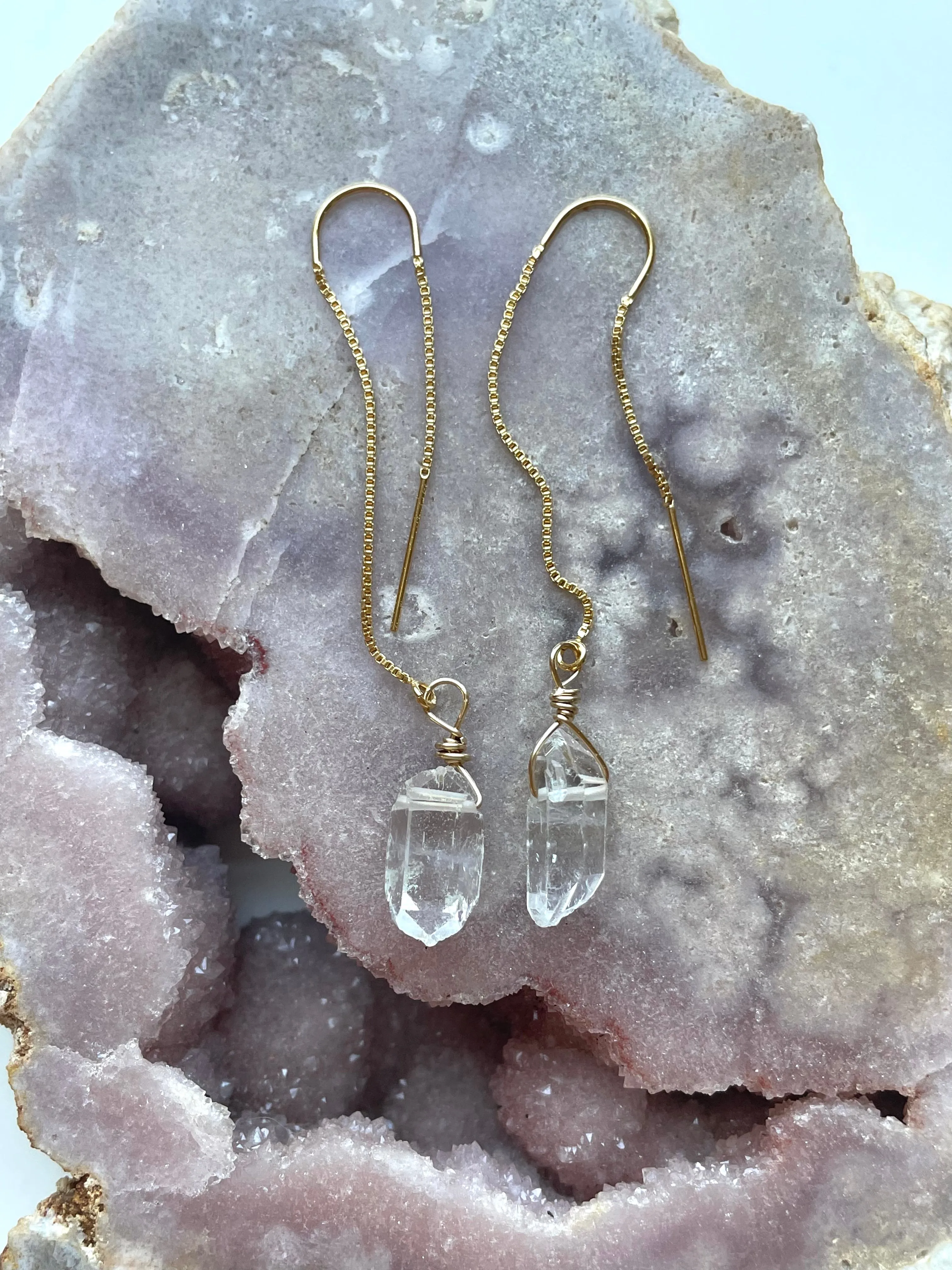 Dangle Raw Crystal Quartz Threader Earrings Gold Filled or Sterling Silver