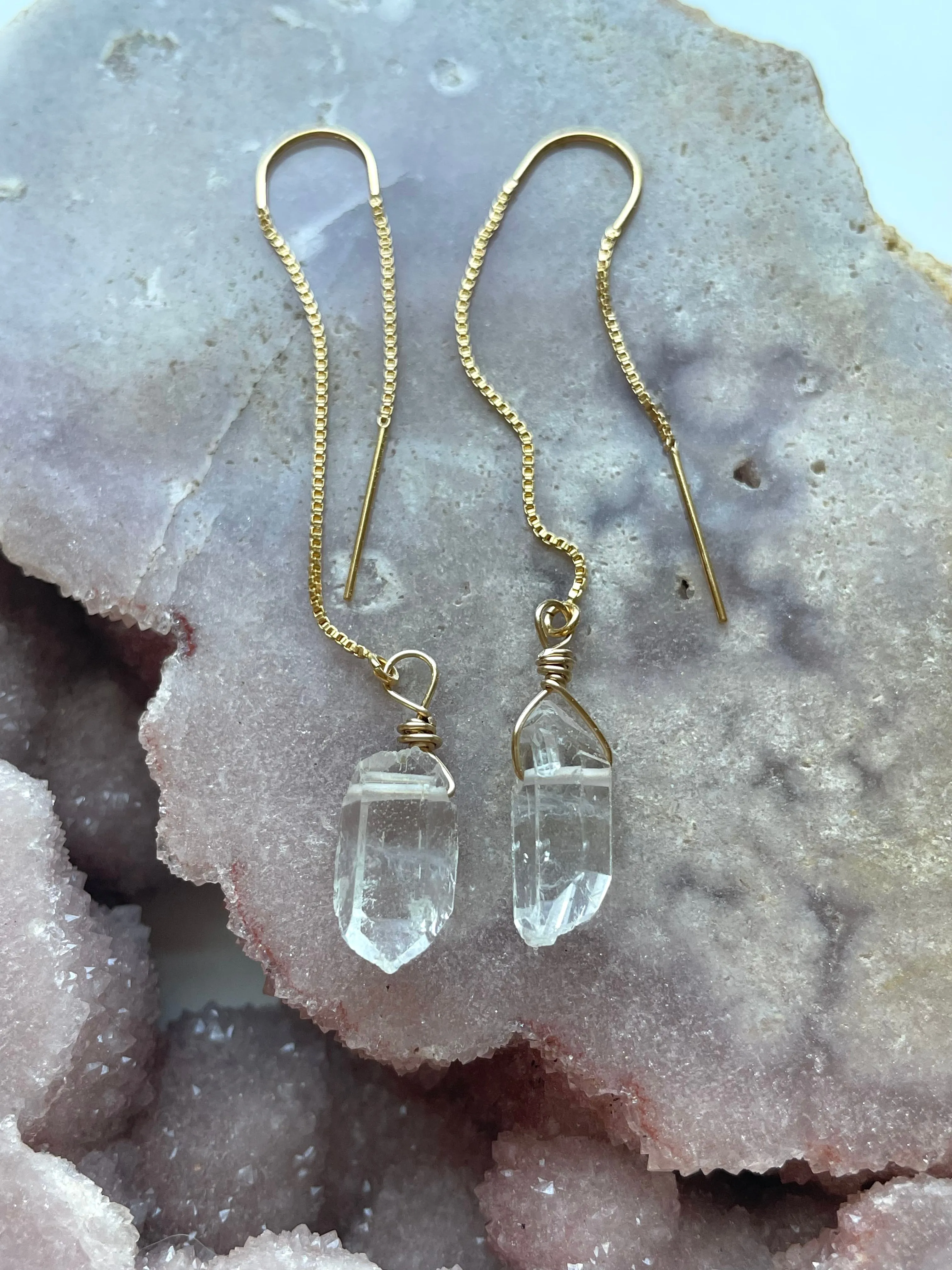 Dangle Raw Crystal Quartz Threader Earrings Gold Filled or Sterling Silver