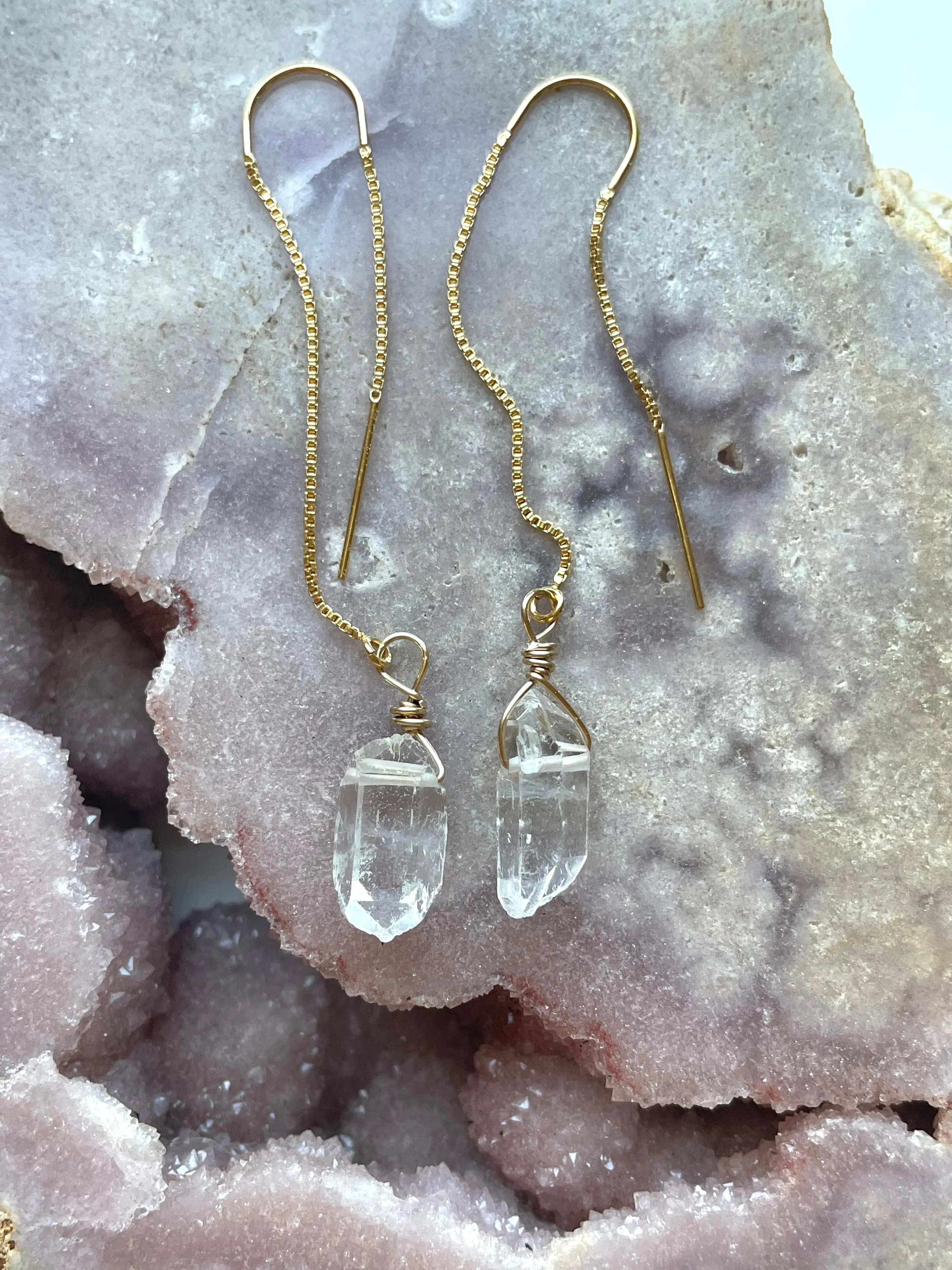 Dangle Raw Crystal Quartz Threader Earrings Gold Filled or Sterling Silver