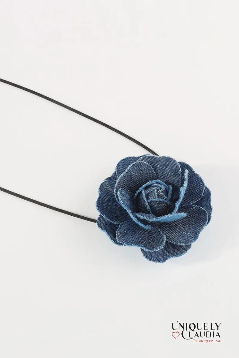 Denim Rose & Vegan Leather Choker