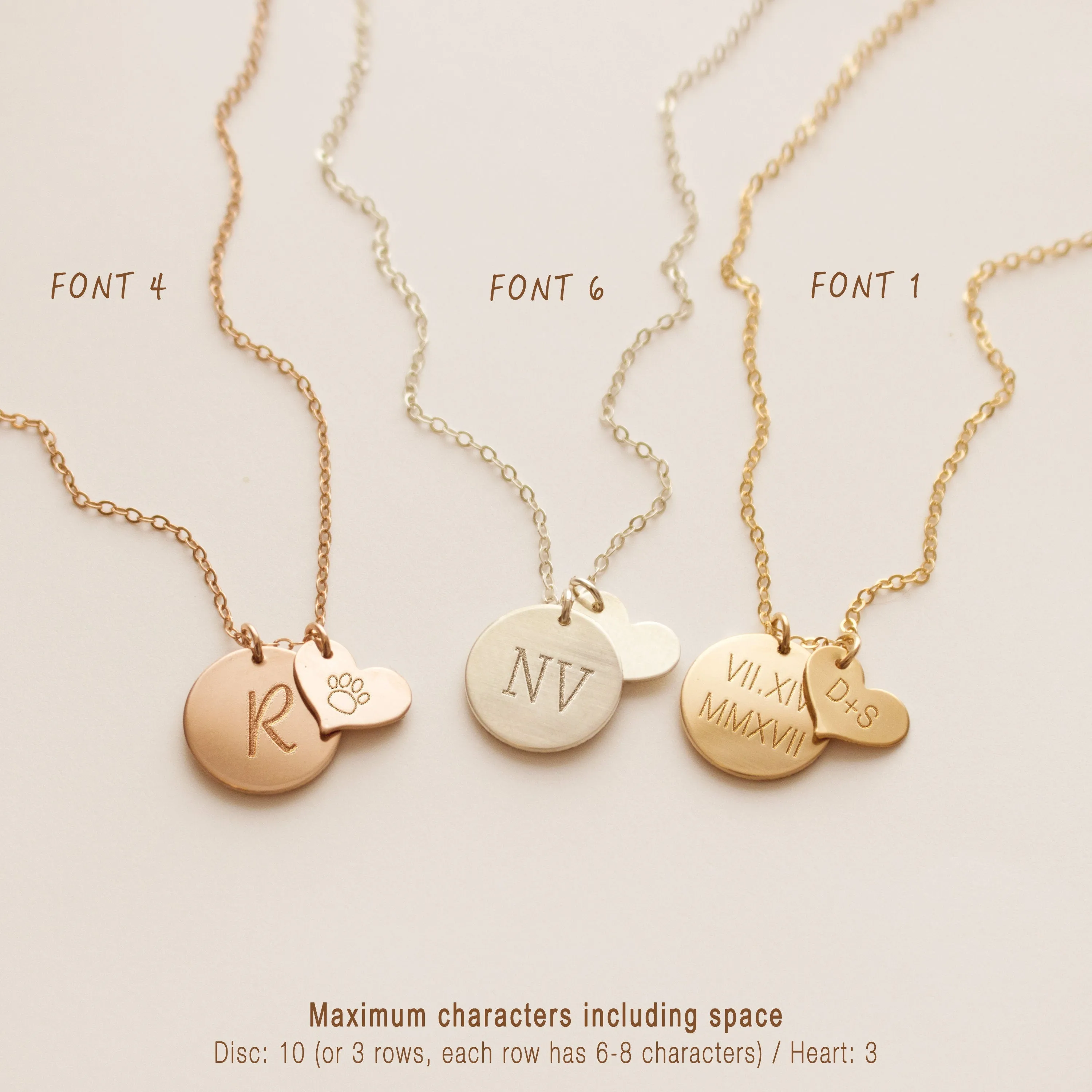 Disc And Heart Necklace, Engraved The Custom Name, Initial, Letter, Monogram, Date, Roman Numeral, Unisex, Gold Filled, Silver • NDV13HRT