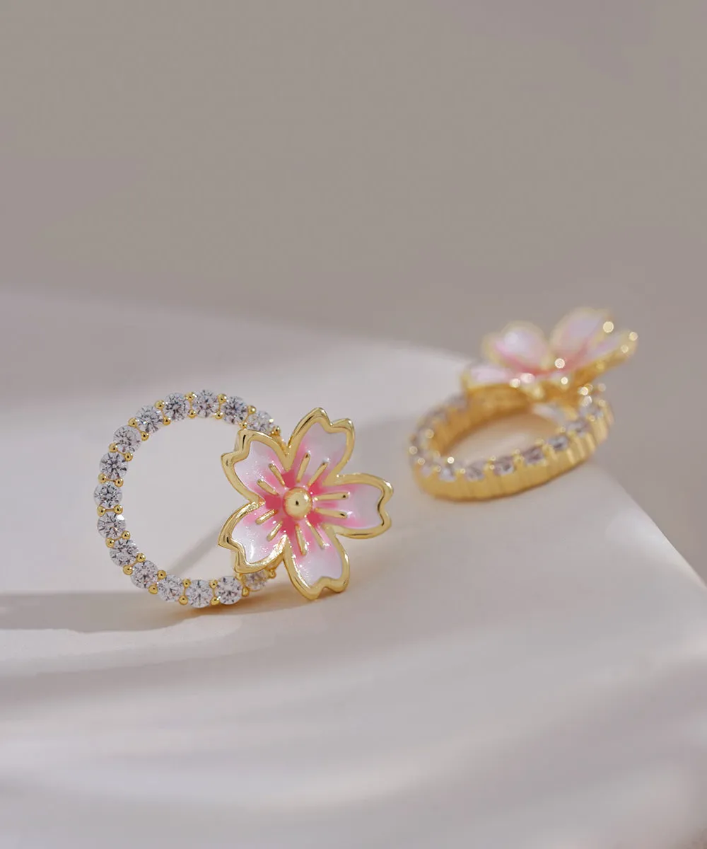 DIY Pink 14K Gold Zircon Oil Drip Floral Stud Earrings
