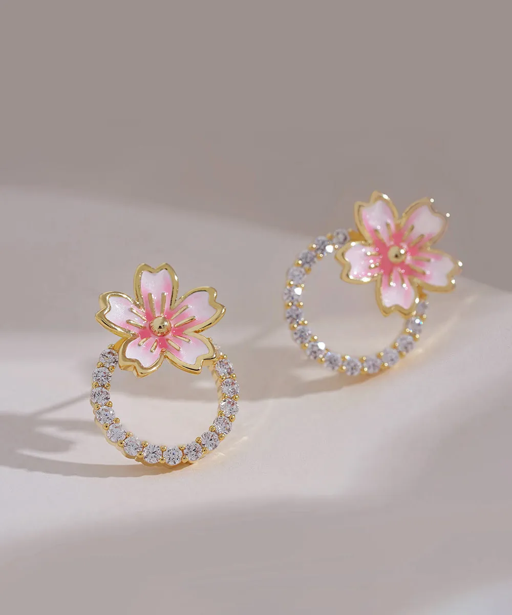 DIY Pink 14K Gold Zircon Oil Drip Floral Stud Earrings