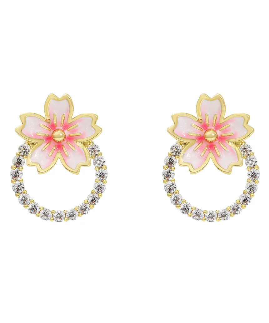 DIY Pink 14K Gold Zircon Oil Drip Floral Stud Earrings