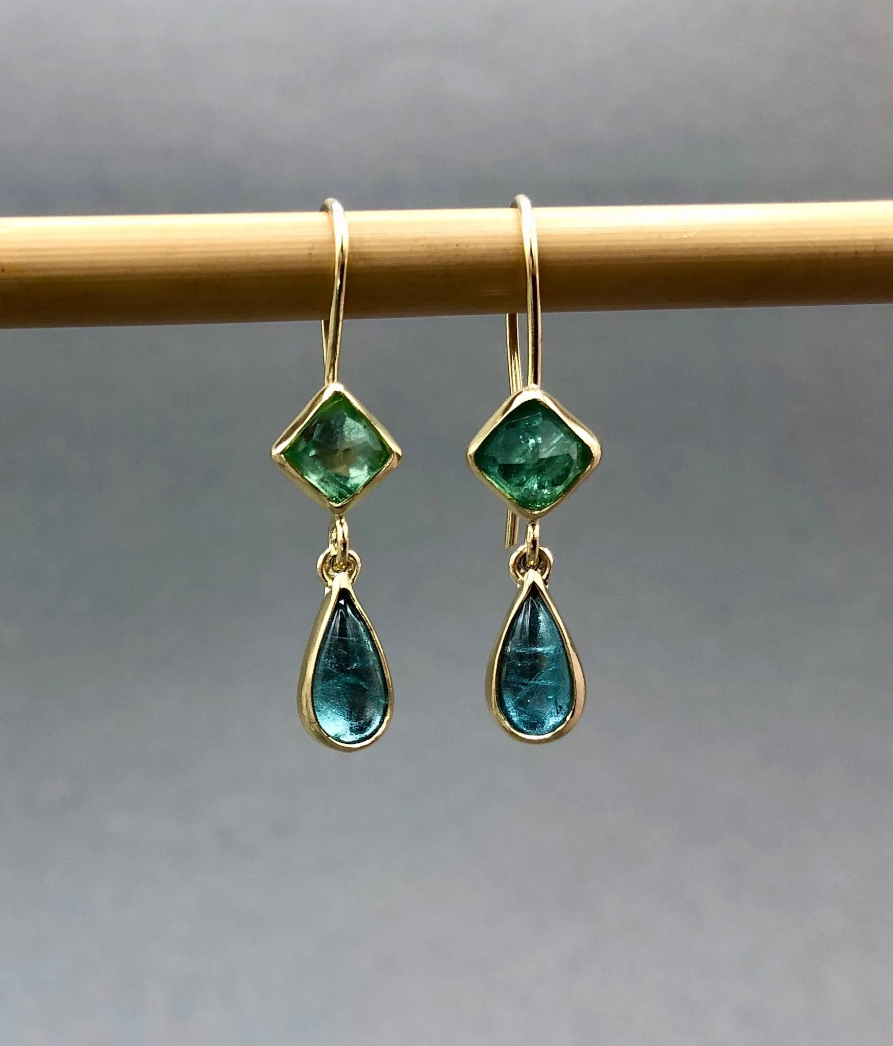 Double Tourmaline Crystals Ocean Blue and Green Dangle Earrings