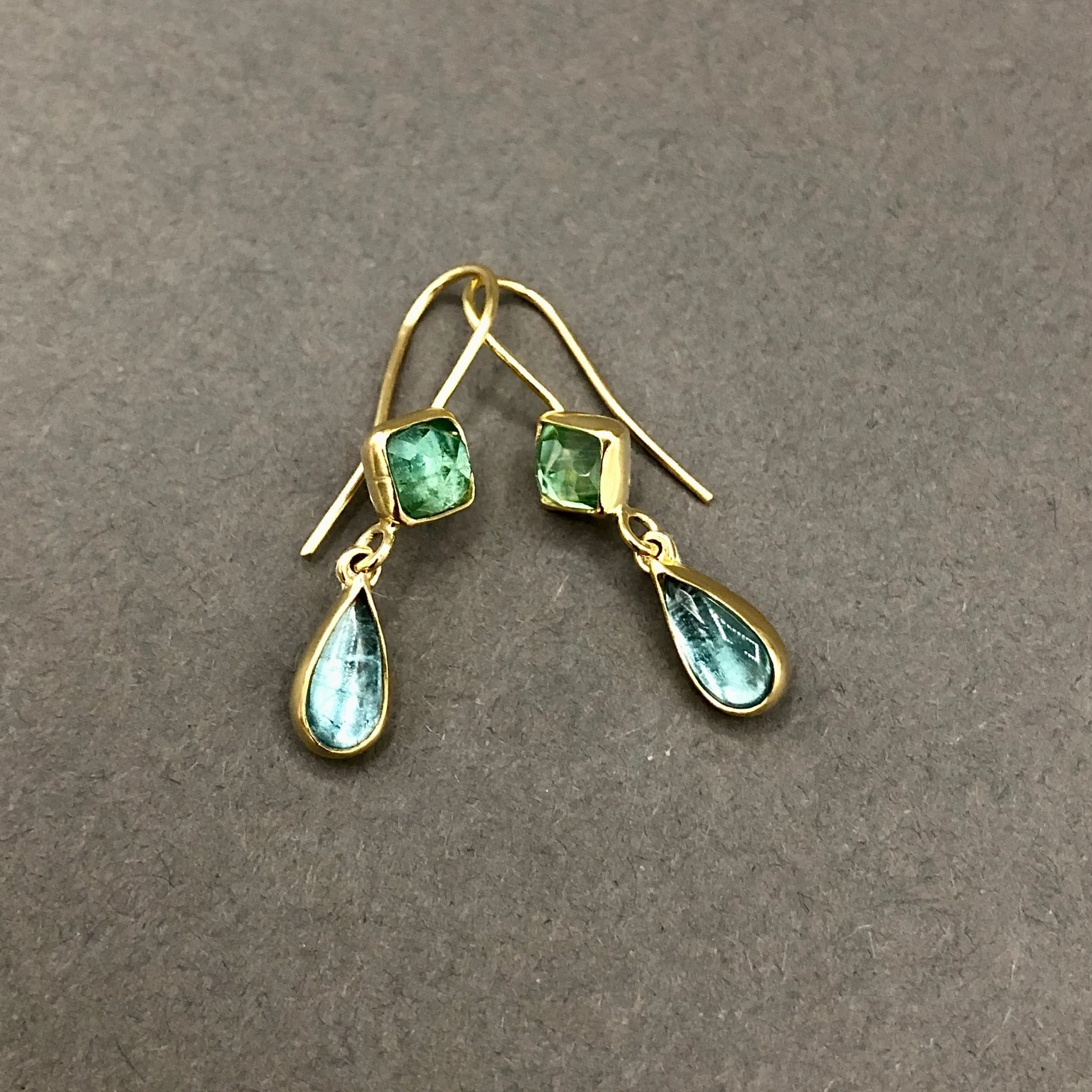 Double Tourmaline Crystals Ocean Blue and Green Dangle Earrings