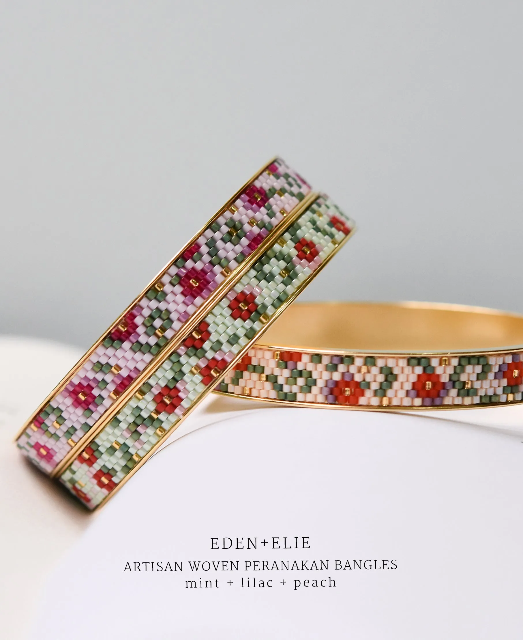 EDEN   ELIE Modern Peranakan gold narrow bangles set of 2 - mint   peach