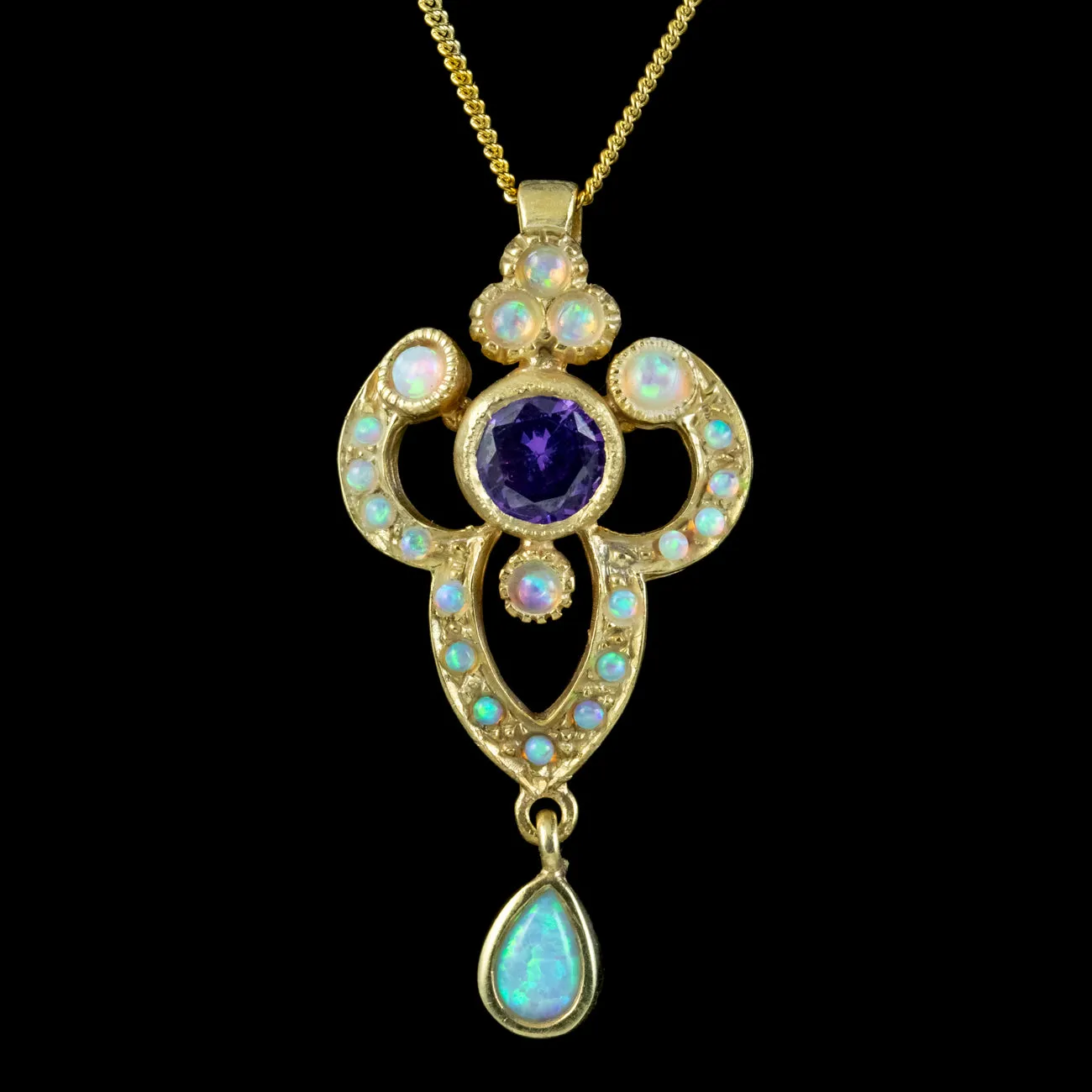 Edwardian Style Opal Amethyst Pendant Necklace Silver 18ct Gold Gilt