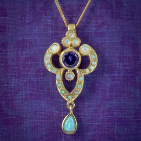 Edwardian Style Opal Amethyst Pendant Necklace Silver 18ct Gold Gilt
