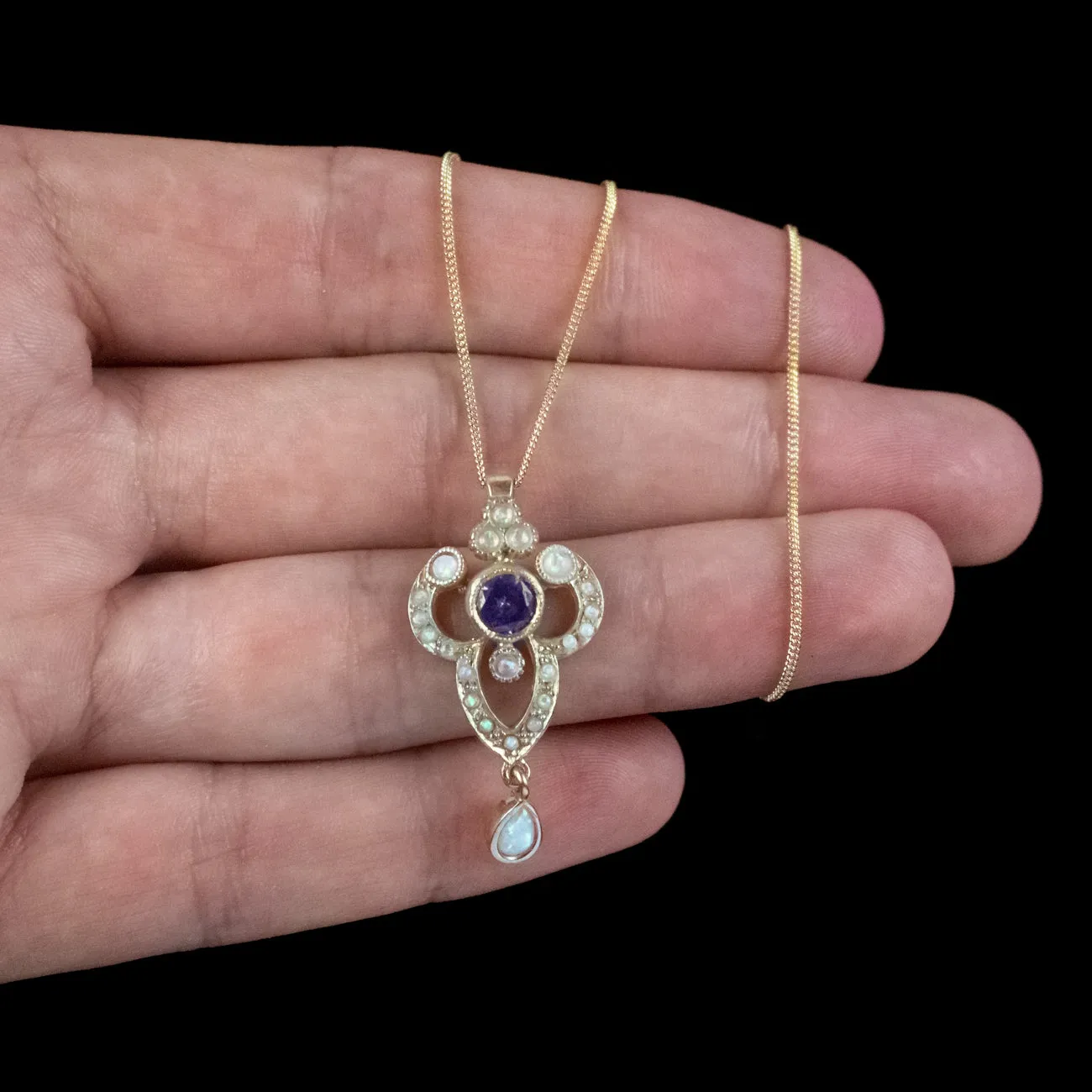 Edwardian Style Opal Amethyst Pendant Necklace Silver 18ct Gold Gilt