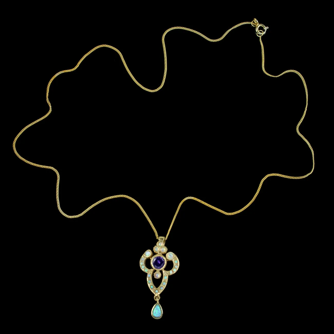 Edwardian Style Opal Amethyst Pendant Necklace Silver 18ct Gold Gilt