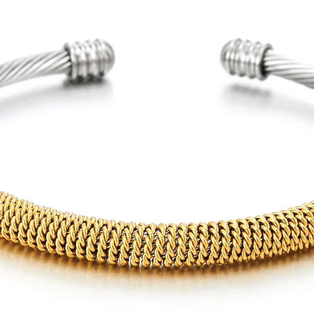 Elastic Adjustable Steel Cuff Bangle Bracelet for Men Women Silver Gold Polished
