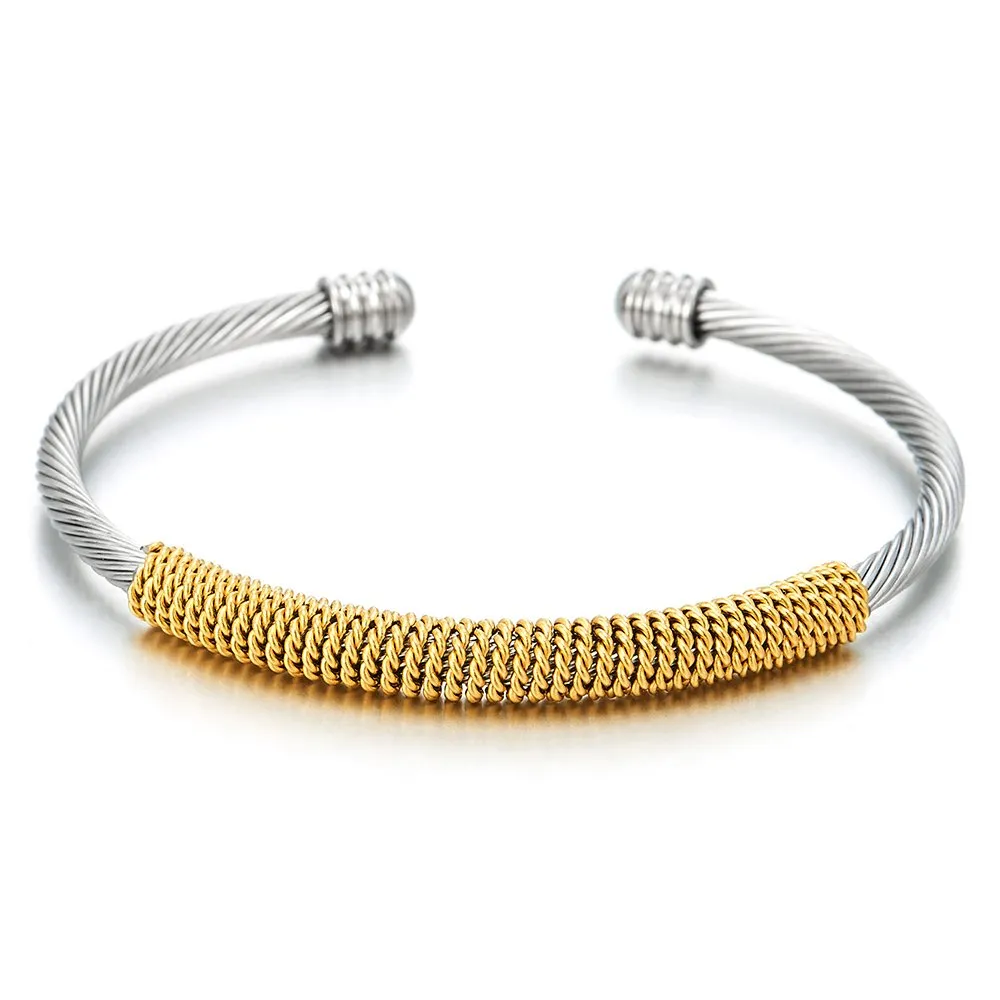 Elastic Adjustable Steel Cuff Bangle Bracelet for Men Women Silver Gold Polished