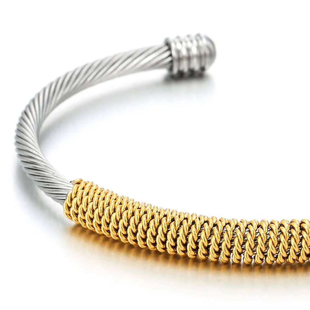 Elastic Adjustable Steel Cuff Bangle Bracelet for Men Women Silver Gold Polished