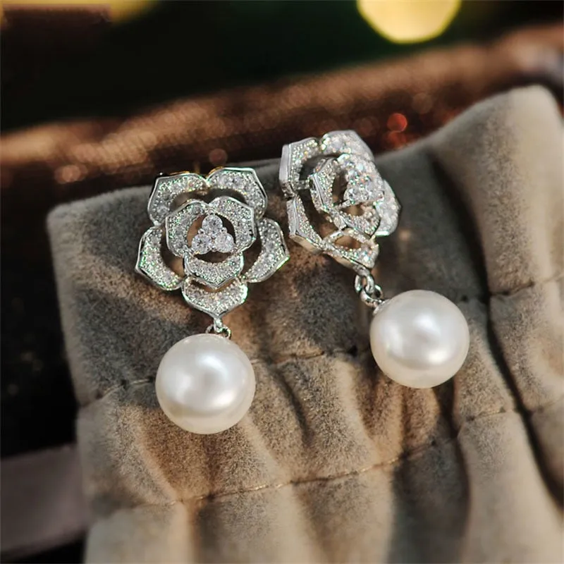 Elegant Bride Pearl Cubic Zircon Necklace and Earrings Set Wedding-Evening Party-Quinceanera