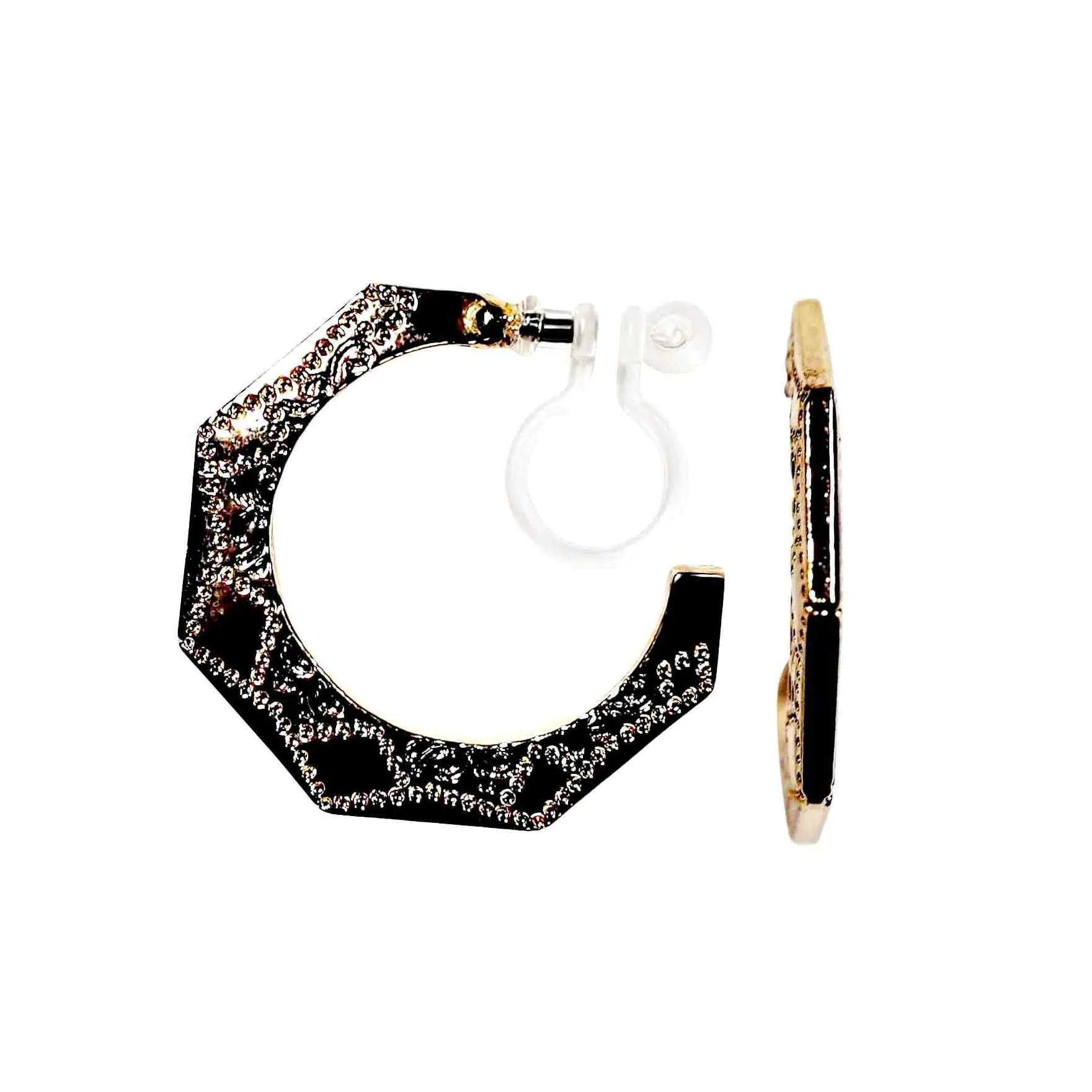 Engraved Ethnic Pentagon Invisible Clip On Hoop Earrings (Gold/Silver)