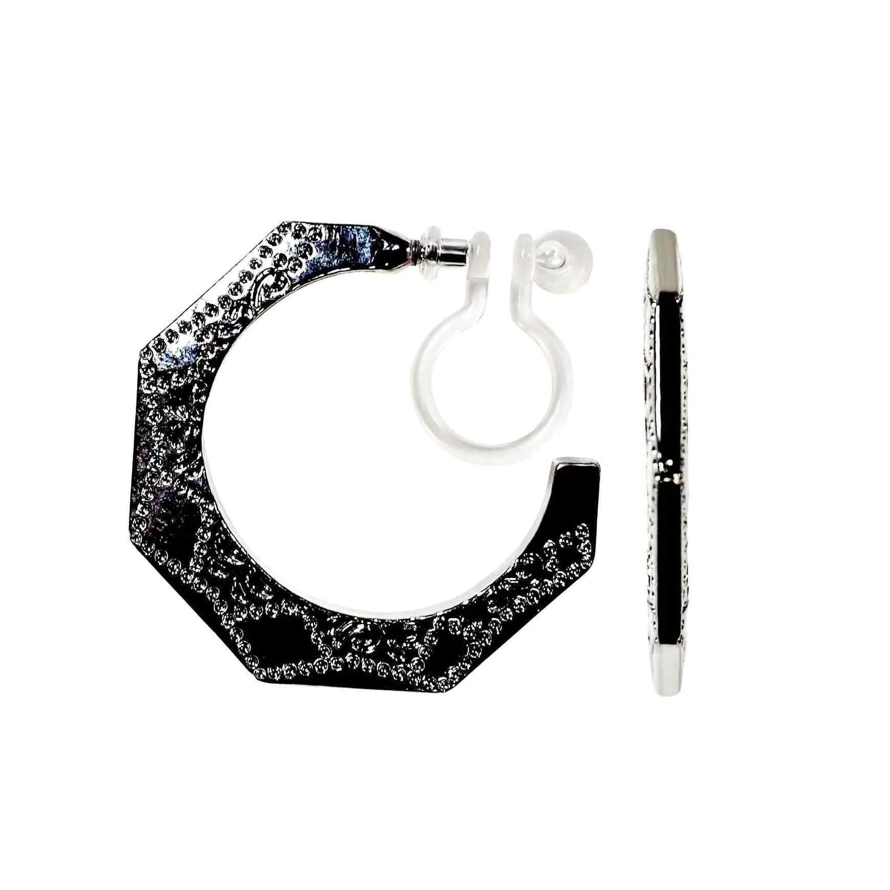Engraved Ethnic Pentagon Invisible Clip On Hoop Earrings (Gold/Silver)