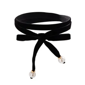 European and American Velvet Fabric Pearl Bow Choker Necklace with Lace Up Collar
