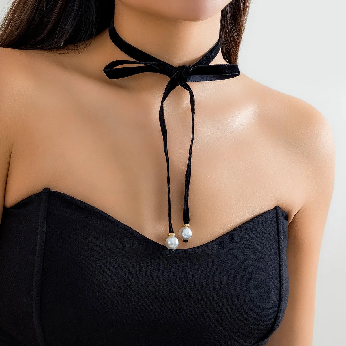 European and American Velvet Fabric Pearl Bow Choker Necklace with Lace Up Collar