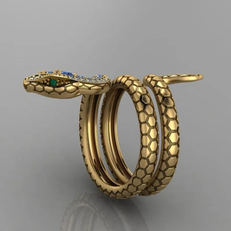 Fashion Jewelry Creative Snake Rings for Women with Blue Zircon in Gold Color