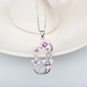 Fashion Jewelry Elegant Violet Flower Enamel Pendant Necklaces with Zircon in Silver Color