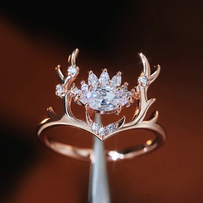 Fashion Jewelry Elk Designed Rings for Women with Zircon in Rose Gold Color