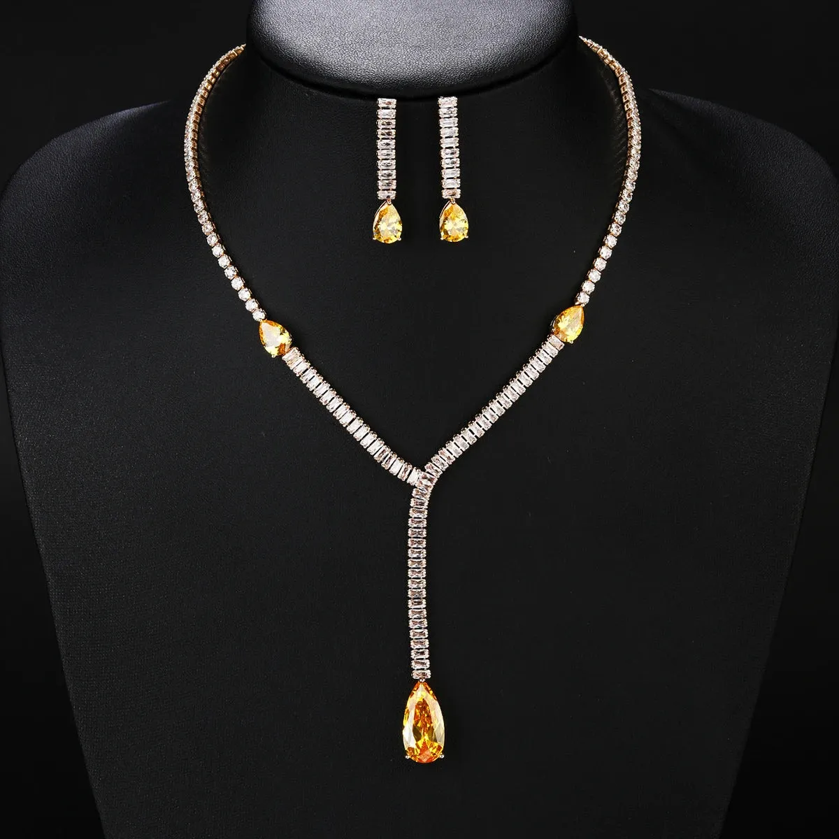 Fashion Simple Crystal Cubic Zirconia Drop Earrings Necklace Set For Women Jewelry Bridal Wedding Accessories CN10485