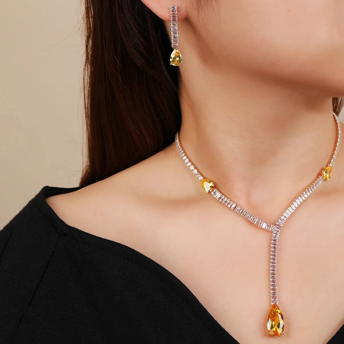 Fashion Simple Crystal Cubic Zirconia Drop Earrings Necklace Set For Women Jewelry Bridal Wedding Accessories CN10485