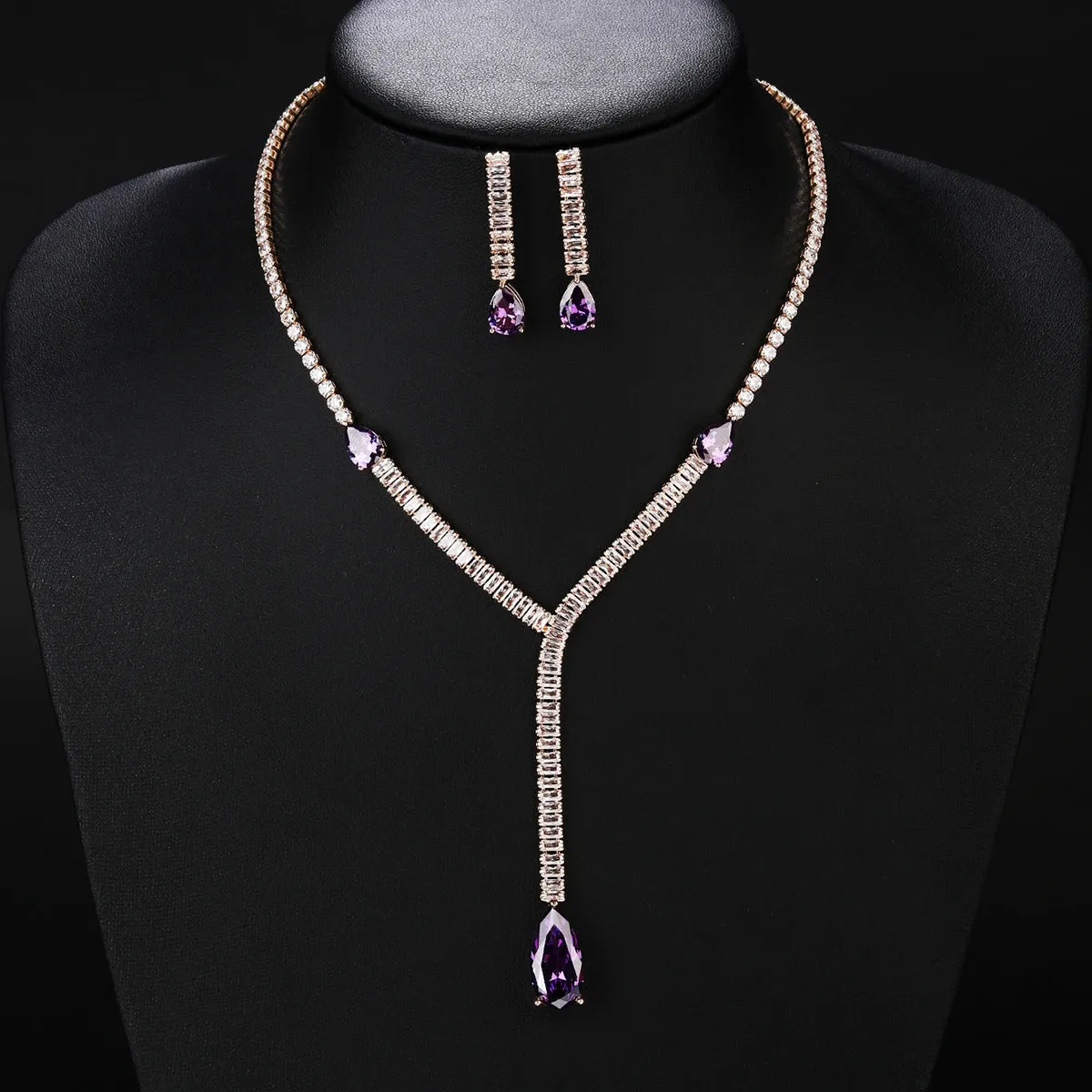 Fashion Simple Crystal Cubic Zirconia Drop Earrings Necklace Set For Women Jewelry Bridal Wedding Accessories CN10485