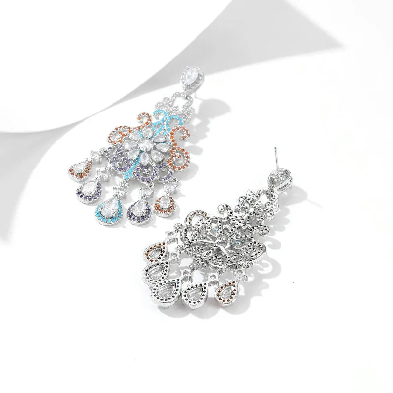 Floral Cut out Water Drop Crystal Fringed Party Boho Earrings 925 Silver Needles