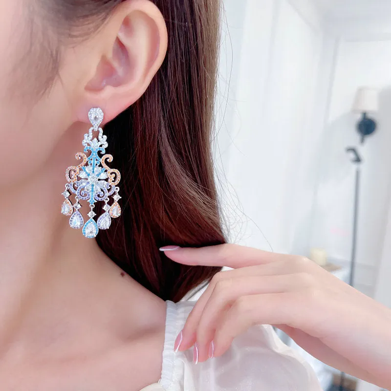 Floral Cut out Water Drop Crystal Fringed Party Boho Earrings 925 Silver Needles
