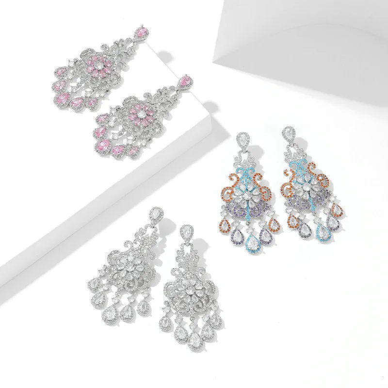 Floral Cut out Water Drop Crystal Fringed Party Boho Earrings 925 Silver Needles