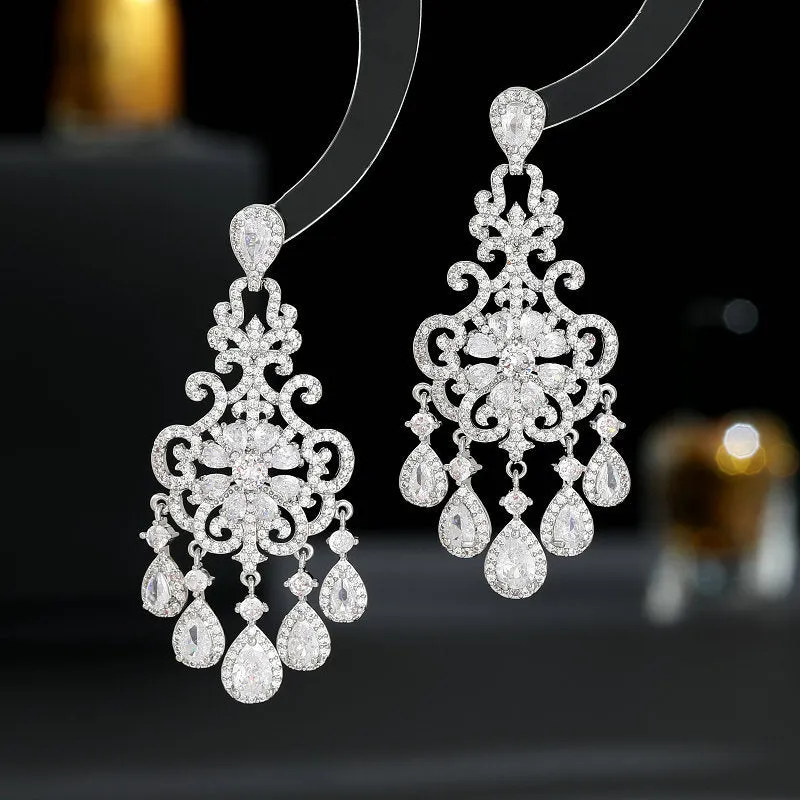 Floral Cut out Water Drop Crystal Fringed Party Boho Earrings 925 Silver Needles