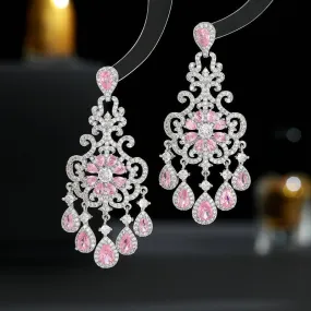 Floral Cut out Water Drop Crystal Fringed Party Boho Earrings 925 Silver Needles