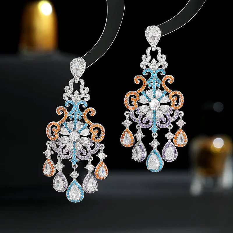 Floral Cut out Water Drop Crystal Fringed Party Boho Earrings 925 Silver Needles