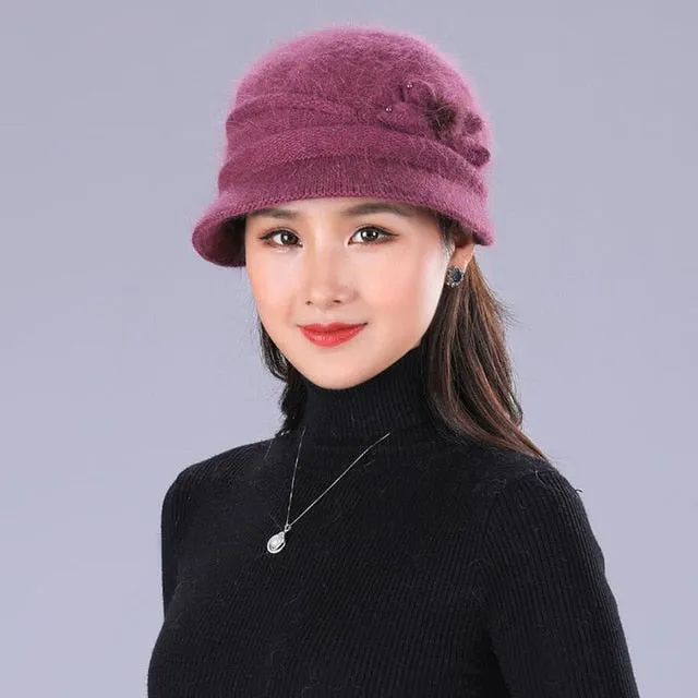 Floral Mixed Yarn Rabbit Casual Warm Knitted Winter Beanie