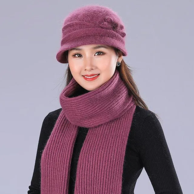 Floral Mixed Yarn Rabbit Casual Warm Knitted Winter Beanie