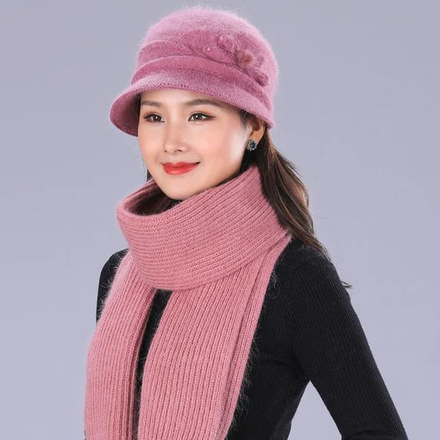 Floral Mixed Yarn Rabbit Casual Warm Knitted Winter Beanie