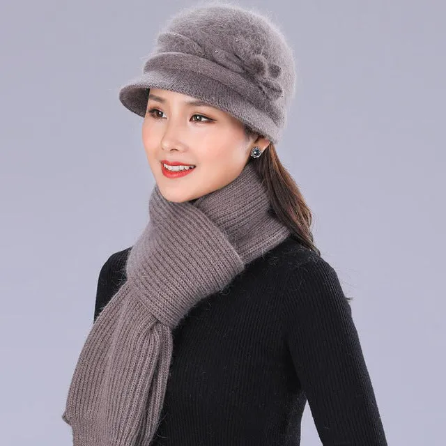 Floral Mixed Yarn Rabbit Casual Warm Knitted Winter Beanie