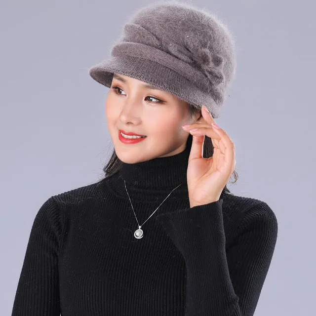 Floral Mixed Yarn Rabbit Casual Warm Knitted Winter Beanie