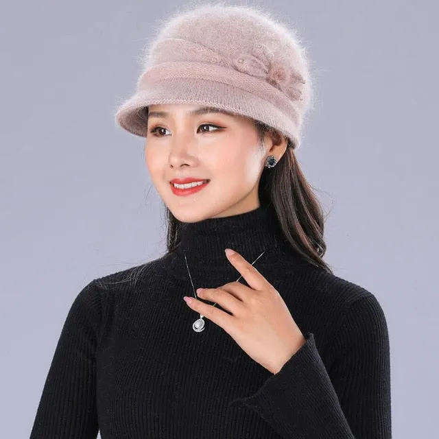 Floral Mixed Yarn Rabbit Casual Warm Knitted Winter Beanie