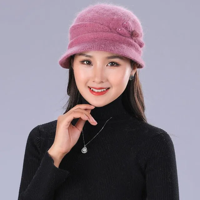 Floral Mixed Yarn Rabbit Casual Warm Knitted Winter Beanie