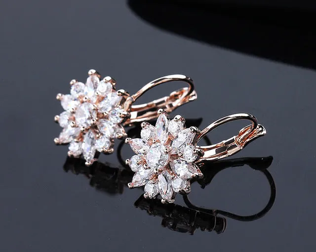 Free Gift Box Luxury Female Zircon Drop Earrings Rose Gold Color CZ Crystal Flower Dangle Earrings For Women Jewelry Wholesale