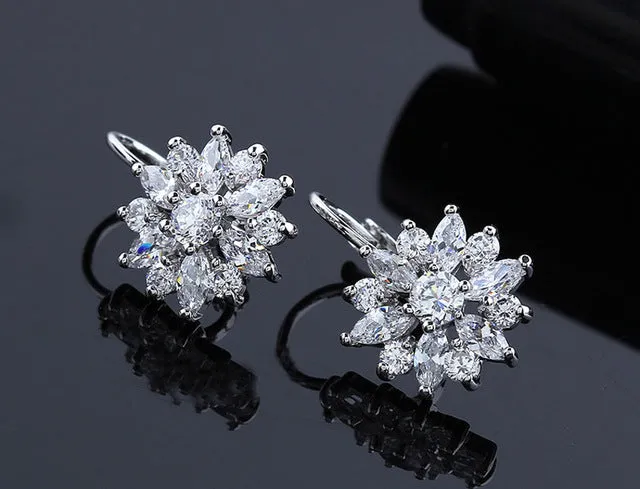 Free Gift Box Luxury Female Zircon Drop Earrings Rose Gold Color CZ Crystal Flower Dangle Earrings For Women Jewelry Wholesale