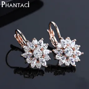 Free Gift Box Luxury Female Zircon Drop Earrings Rose Gold Color CZ Crystal Flower Dangle Earrings For Women Jewelry Wholesale