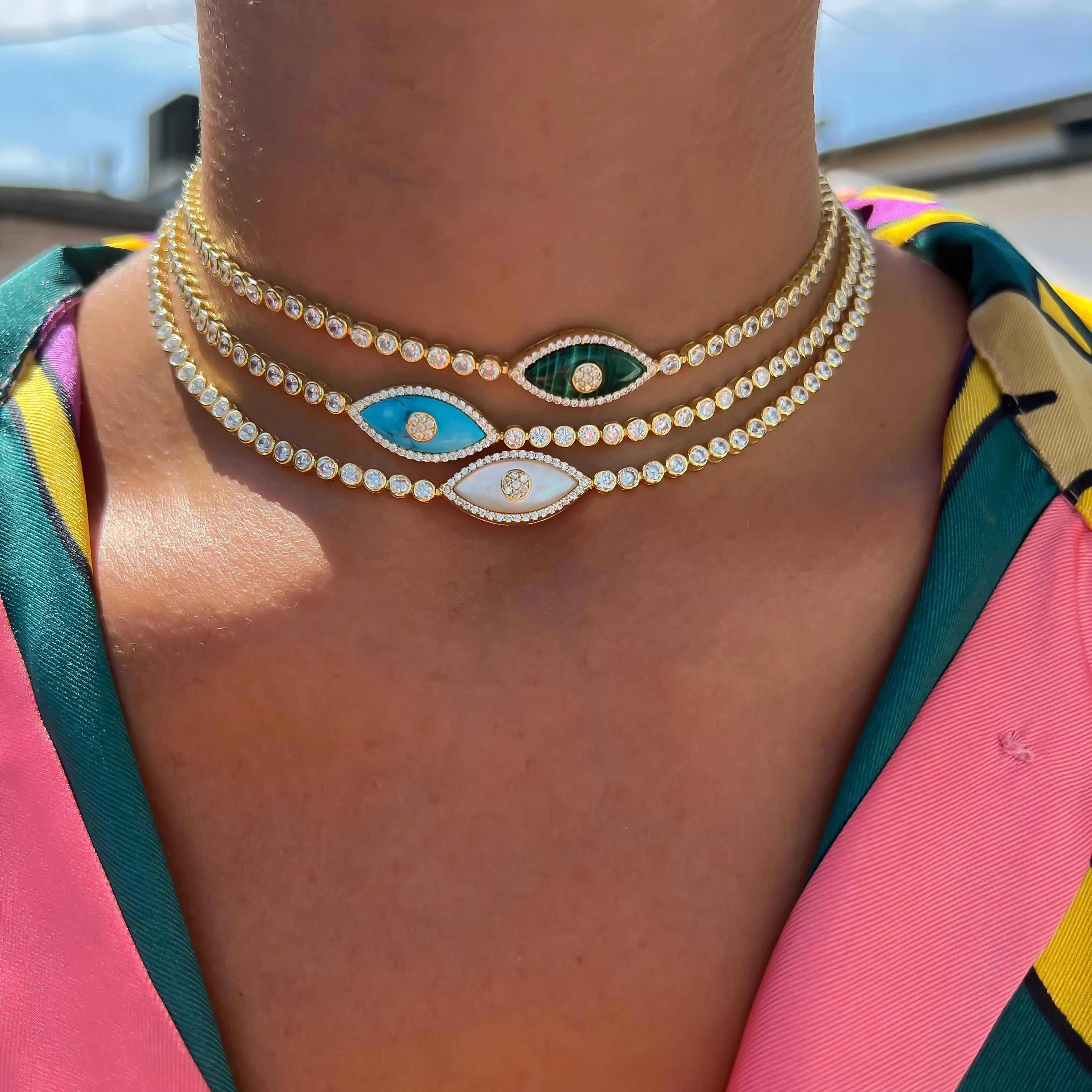 “Gemma” sterling silver malachite eye chokers